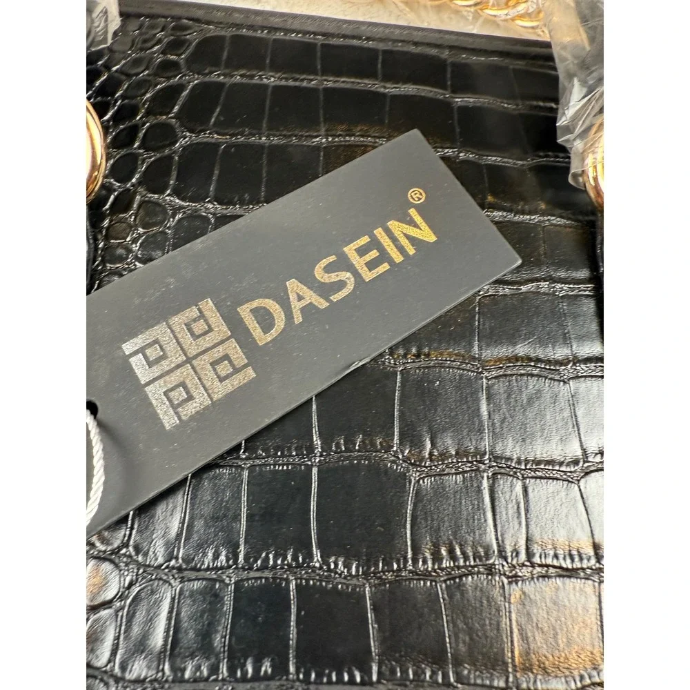 Dasein Black Croc Embossed Satchel Handbag Gold Accent‎ Chain Strap New